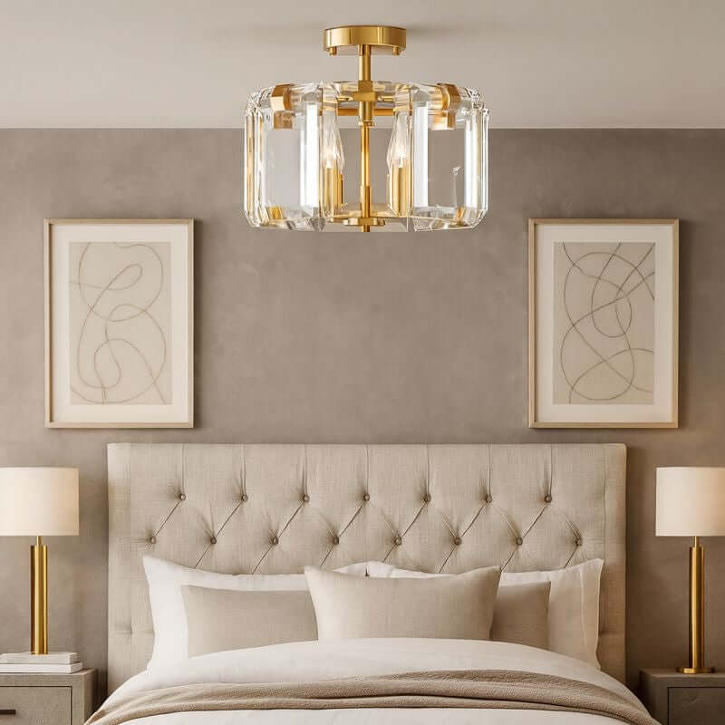 Modern bedroom with a tufted beige headboard, matching bedside tables and lamps, abstract wall art, and the Morsale Brookhill Flush Mount crystal ceiling light adding a touch of modern luxury.