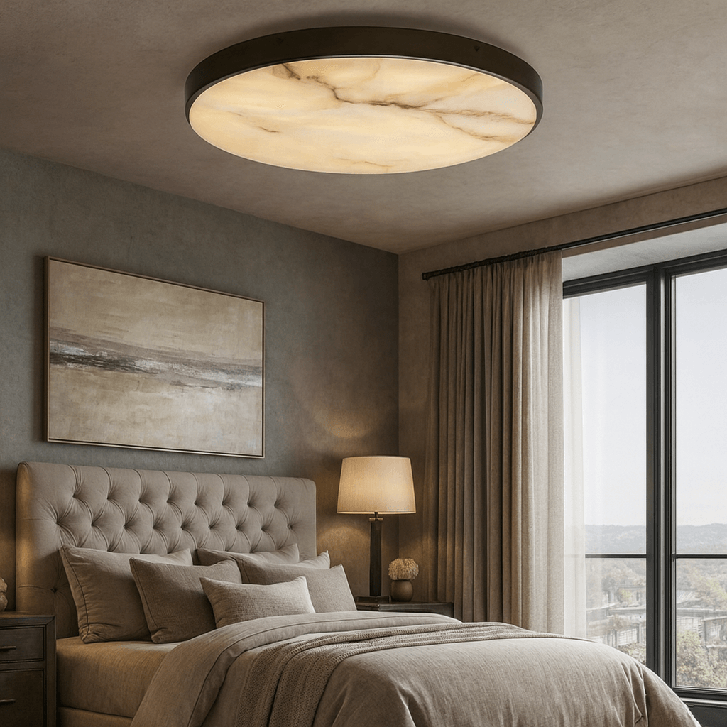 Modern bedroom with the Morsale Laurel Marble Flush Mount ceiling light, tufted headboard, beige bedding, bedside table and lamp, abstract wall art, tall curtains, and a window with an outdoor view.