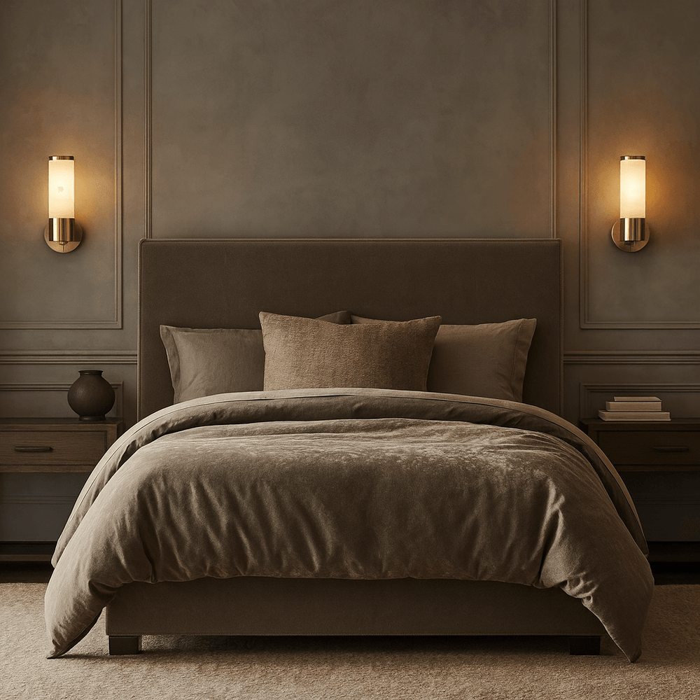 A cozy, modern bedroom featuring a large bed with beige bedding, two pillows, and a cushioned headboard. Sierra Marble Wall Sconces by Morsale.com and stylish nightstands with decor flank the bed on a gray paneled wall.