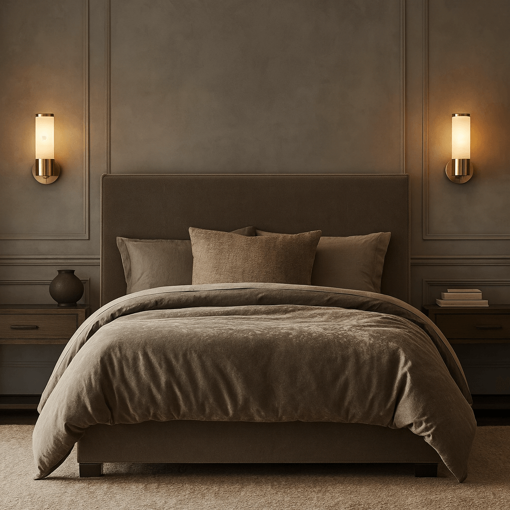 A cozy, modern bedroom featuring a large bed with beige bedding, two pillows, and a cushioned headboard. Sierra Marble Wall Sconces by Morsale.com and stylish nightstands with decor flank the bed on a gray paneled wall.