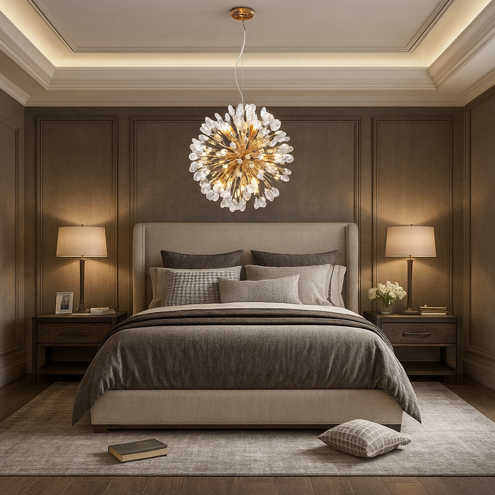 
                  
                    A modern bedroom features a large beige bed with neutral bedding, two wooden nightstands with matching lamps, and the Vanci Crystal Globe Chandelier by Morsale.com as a striking centerpiece overhead. Paneled walls are softly lit above the gray rug.
                  
                