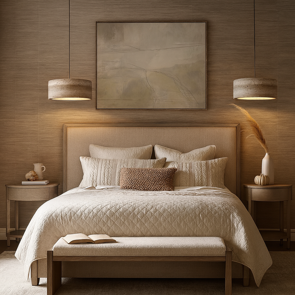 
                  
                    A modern, neutral-toned bedroom featuring a neatly made bed with beige bedding, two round nightstands, a Morsale Vero Travertine Bell Pendant, a bench with an open book, and minimalist decor including a vase with dried grass.
                  
                