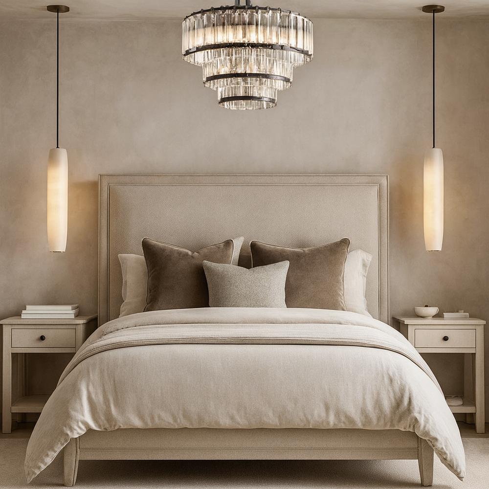 
                  
                    A modern, neutral-toned bedroom features a large upholstered bed with beige bedding, brown accent pillows, matching nightstands with books, and Morsale.com's Moonshade Marble Pendant lighting for an elegant touch on each side.
                  
                