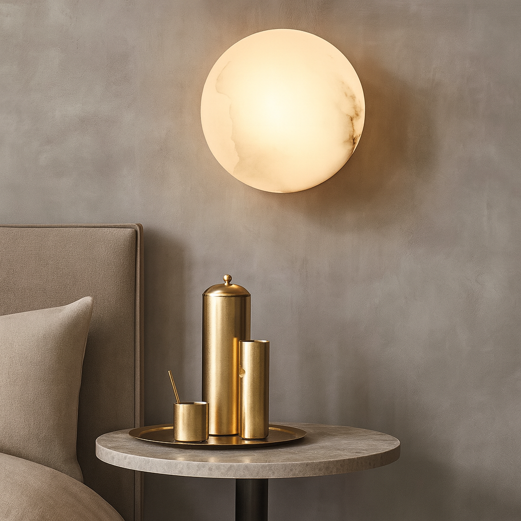 The Morsale Moonshade Marble Ball Light Fixture glows above a gray nightstand holding gold-toned containers and a tray. Nearby, a beige upholstered bed with a matching pillow complements the sleek, minimalist décor.