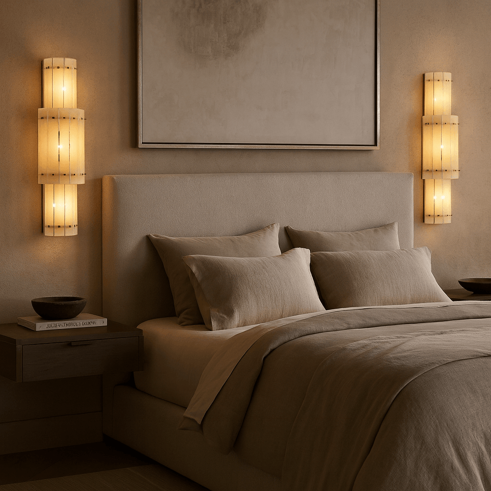 
                  
                    Valmont Marble Wall Sconce flanking a cozy bed, showcasing elegant marble design and warm lighting.
                  
                