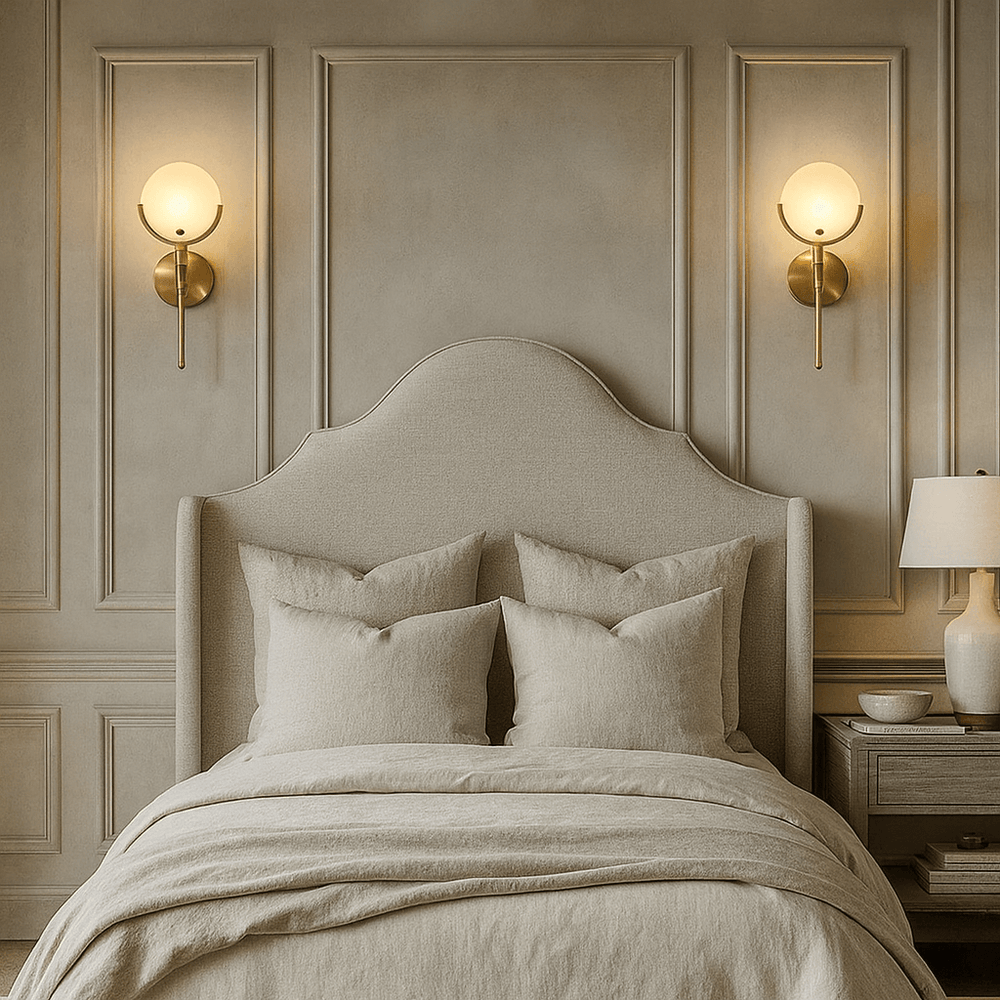 A neutral-toned bedroom featuring a curved upholstered headboard, four plush pillows, beige bedding, and two Vellaro Marble Wall Sconces by Morsale.com above a nightstand with a lamp on the right.