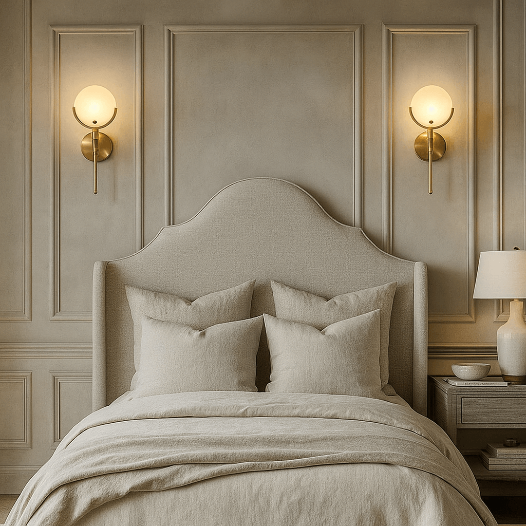 A neutral-toned bedroom featuring a curved upholstered headboard, four plush pillows, beige bedding, and two Vellaro Marble Wall Sconces by Morsale.com above a nightstand with a lamp on the right.