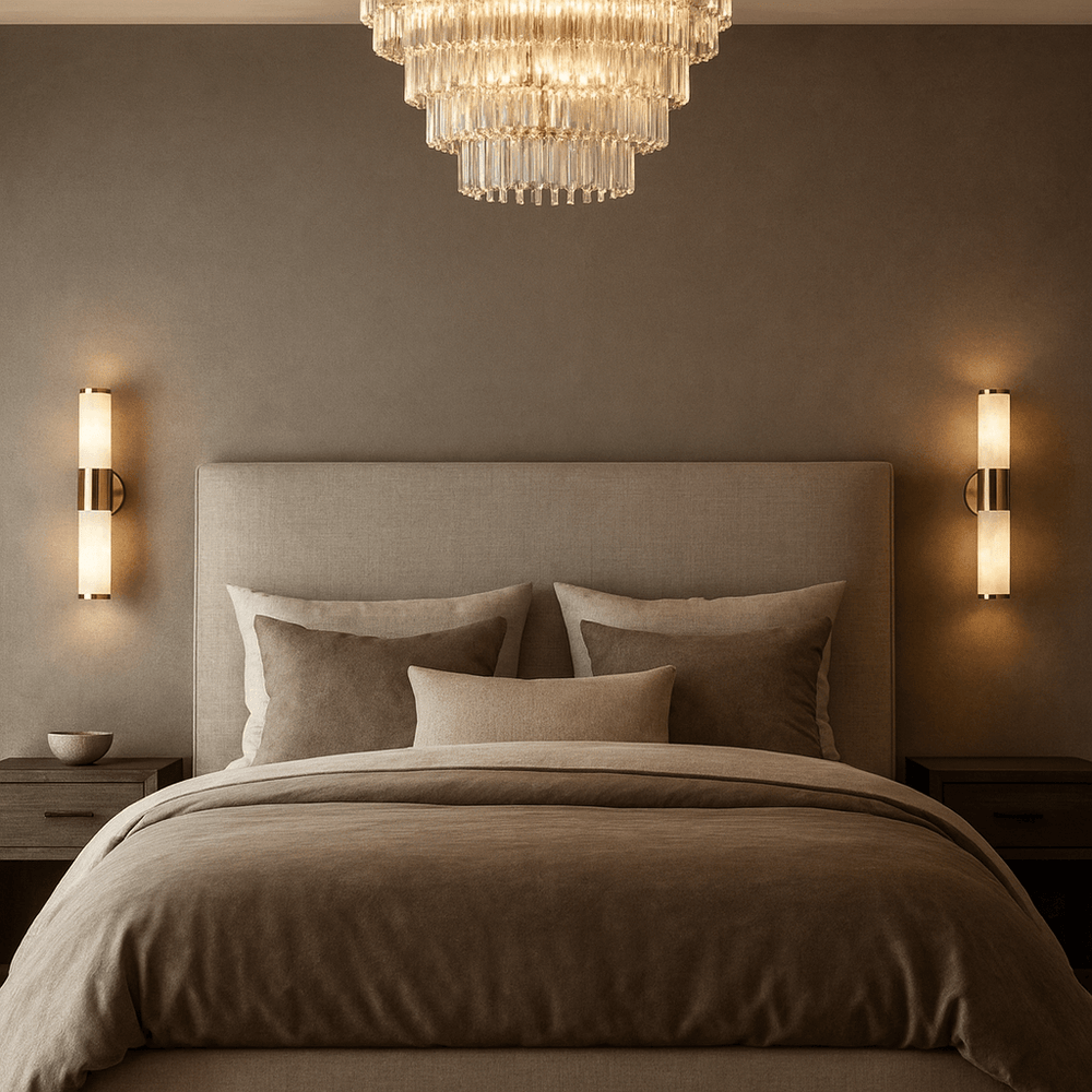 A modern bedroom features a bed with beige bedding and dark nightstands. Soft lighting comes from Aurelia Natural Marble Wall Sconces by Morsale.com, while a taupe accent wall enhances the serene atmosphere.