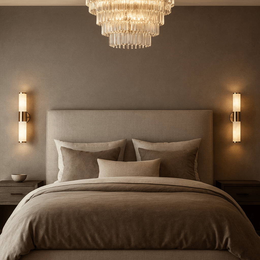 A modern bedroom features a bed with beige bedding and dark nightstands. Soft lighting comes from Aurelia Natural Marble Wall Sconces by Morsale.com, while a taupe accent wall enhances the serene atmosphere.
