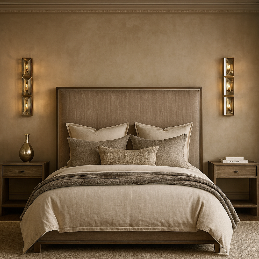
                  
                    A neatly made bed with beige bedding and pillows sits between two wooden nightstands, each with decor. Brookhill Crystal Wall Sconces from Morsale.com cast a warm glow, creating a cozy, symmetrical bedroom ambiance.
                  
                