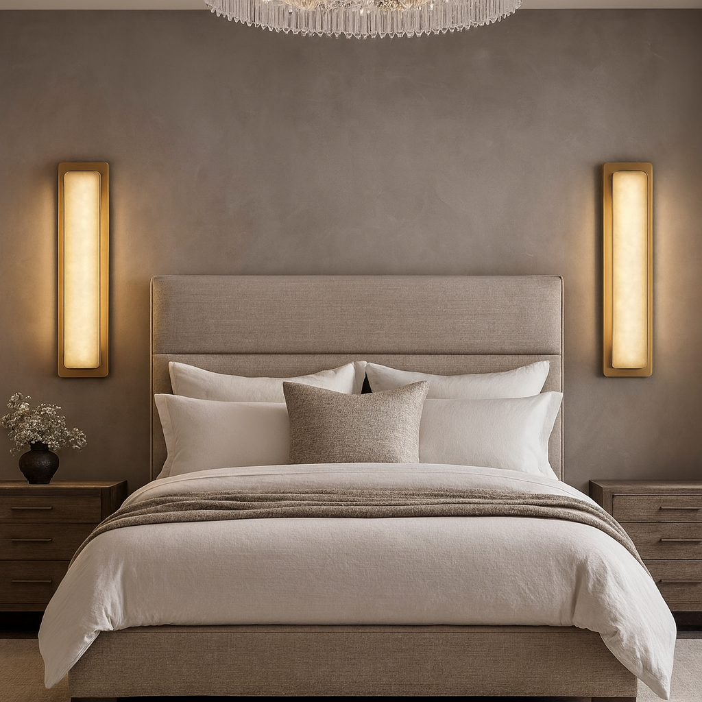 A modern bedroom with a beige upholstered bed, white and beige bedding, wooden nightstands, and a chandelier. Dimmable Capri Marble Wall Sconces by Morsale flank the bed, with a small vase of flowers on one nightstand.