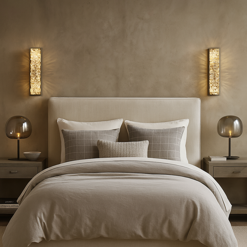A modern bedroom with a beige bed, neutral bedding, matching pillows, twin bedside tables with glass lamps, and two Bacci Crystal Wall Sconces by Morsale.com casting warm light on either side of the bed.