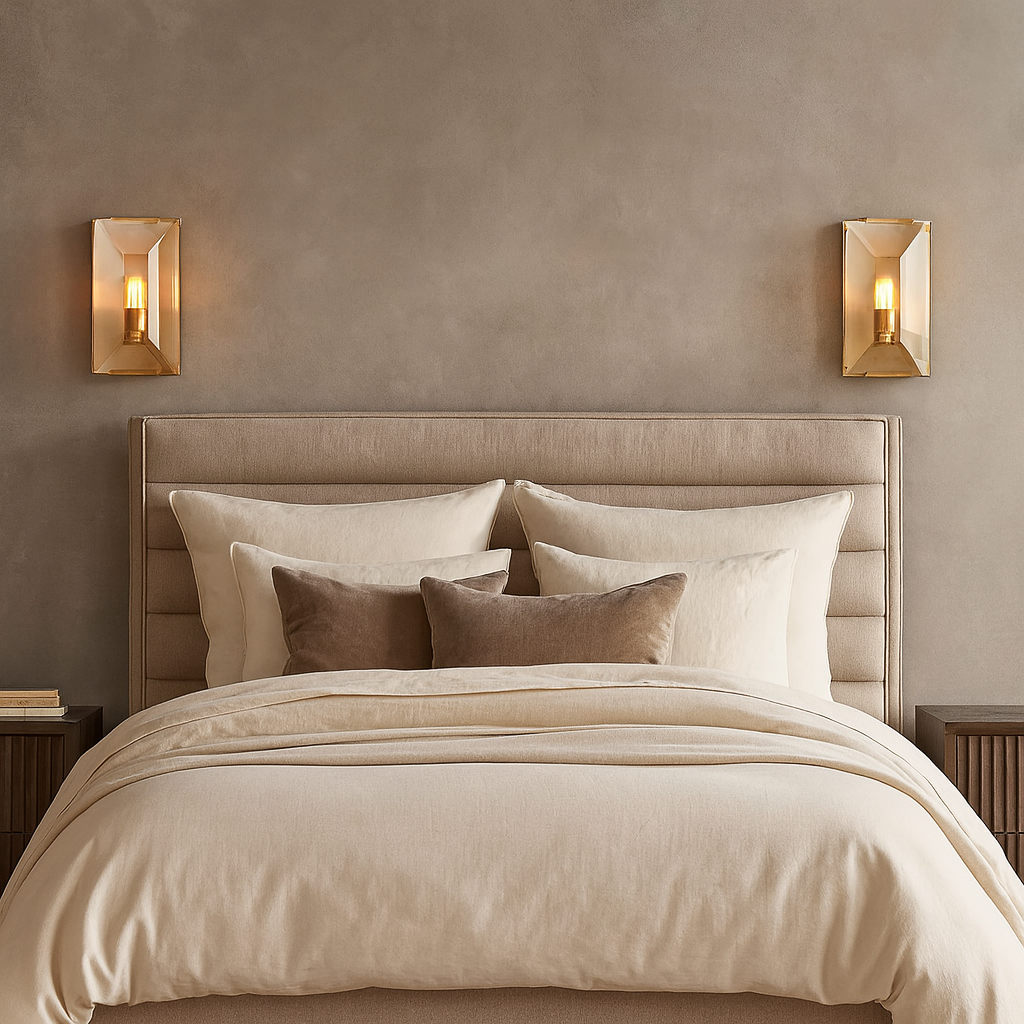 A neatly made bed with beige and brown bedding sits against a taupe wall, flanked by Brookhill Crystal Wall Sconces from Morsale.com. The sconces add modern luxury lighting above the dark nightstands on each side.