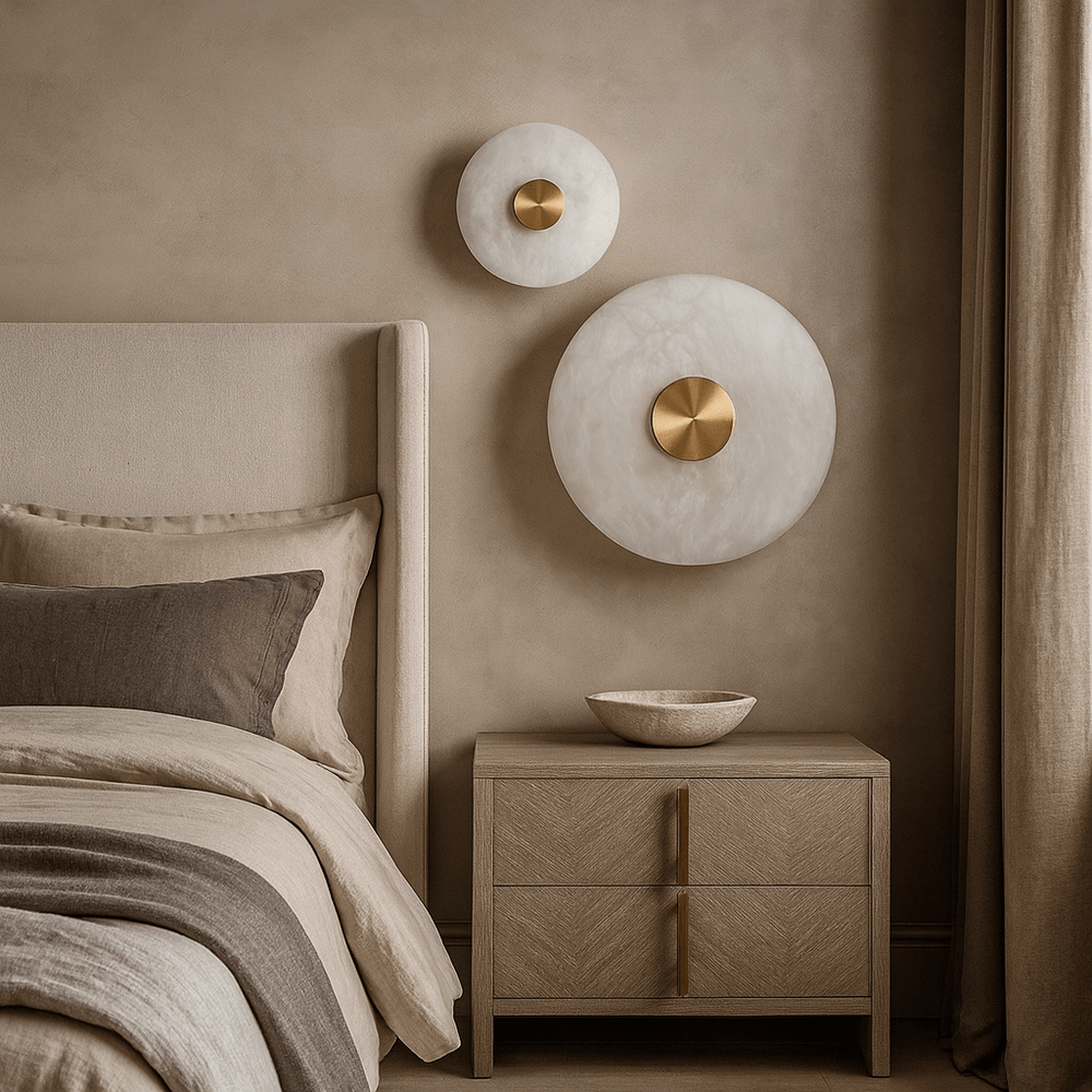 
                  
                    A neutral bedroom showcases a fabric-upholstered bed, beige and brown bedding, a wooden nightstand with a bowl, and two Solena Marble Disc Wall Sconces by Morsale.com featuring gold centers for modern lighting on a textured beige wall.
                  
                