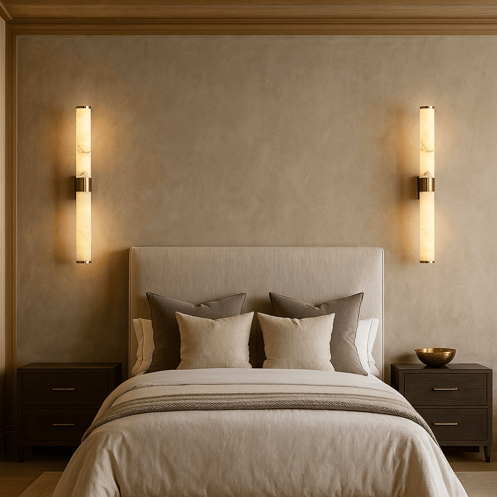 A modern, minimalist bedroom features a beige upholstered bed, neutral bedding, two dark wood nightstands, and contemporary Morsale Altura 27" Marble & Copper Sconces with integrated LEDs emitting warm light on each side of the bed.