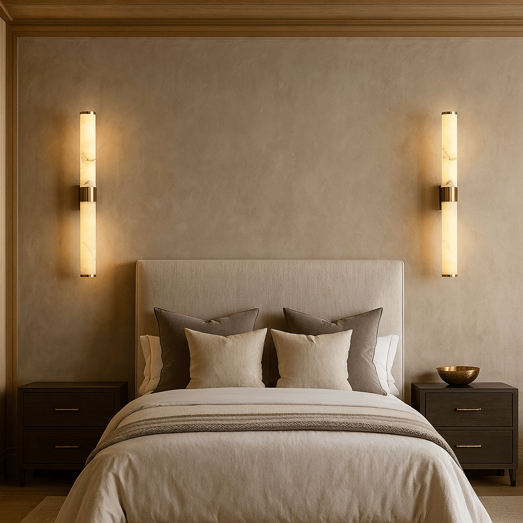 A modern, minimalist bedroom features a beige upholstered bed, neutral bedding, two dark wood nightstands, and contemporary Morsale Altura 27" Marble & Copper Sconces with integrated LEDs emitting warm light on each side of the bed.