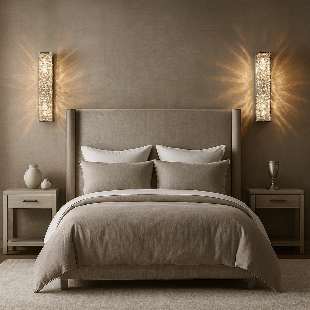 
                  
                    A modern, neutral-toned bedroom featuring a beige upholstered bed, white and beige bedding, two matching nightstands, decorative vases, and light from Bacci Crystal Wall Sconces by Morsale.com casting patterns on the walls.
                  
                