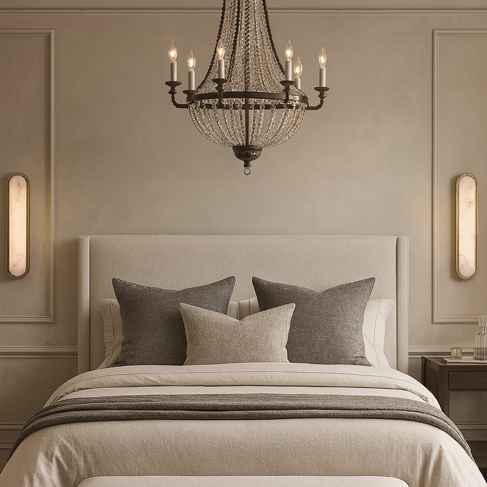 
                  
                    A modern bedroom with a beige upholstered headboard, gray and cream bedding, a crystal chandelier above, and Morsale’s Solari Marble & Brass Sconces adding sophisticated wall lighting on either side of the bed.
                  
                