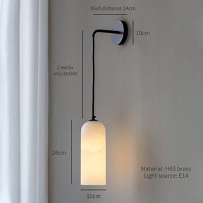 Introducing the Moonshade Natural Marble Wall Light by Morsale.com—ideal for enhancing your home decor. This stylish wall-mounted pendant light measures 10cm in width and 26cm in height, with a drop length of 1 meter and a wall projection of 14cm. Expertly crafted from H65 brass and featuring an E14 light source, it gently illuminates nearby walls and curtains, providing a chic alternative to traditional natural marble sconces.