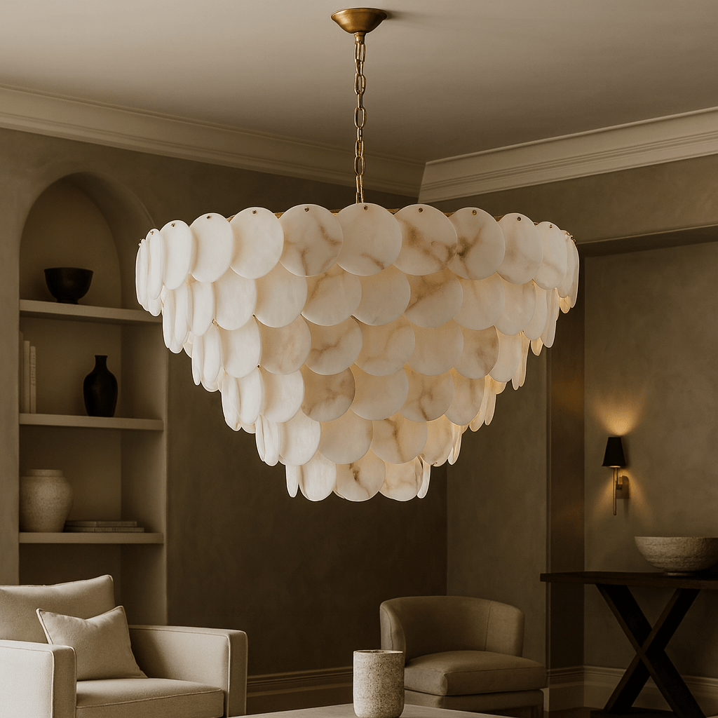 Elegant living room featuring the Bordwell Marble Chandelier 43" from Morsale.com, with overlapping white discs on a gold fixture. Neutral walls, minimal decor, modern furniture, and built-in shelves complete this cozy, sophisticated space.