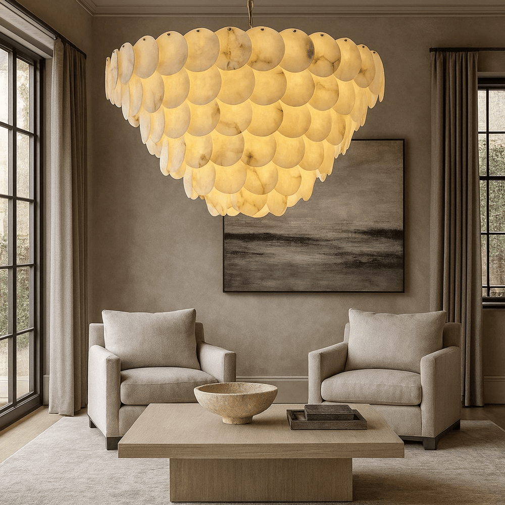 
                  
                    A modern living room features two beige armchairs, a wooden coffee table, and the Bordwell Marble Chandelier 43" by Morsale.com. Neutral-toned art hangs on the wall, with light streaming in from tall windows.
                  
                