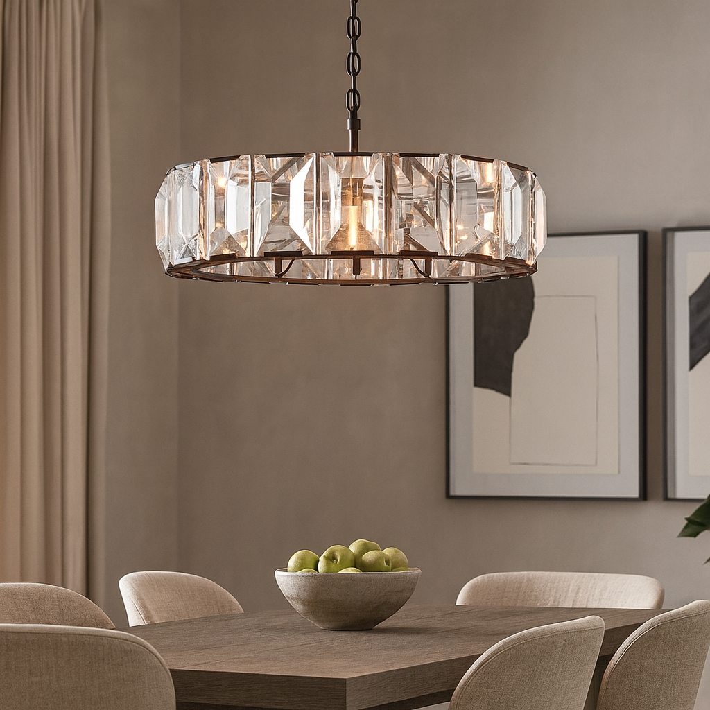 A modern dining room features a rectangular wooden table with green apples and upholstered chairs. A Brookhill Crystal Chandelier from Morsale.com hangs above, while abstract framed art decorates the beige wall for a luxurious touch.