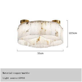 This modern lighting fixture, the Moonshade Natural Marble Ceiling Light Fixture by Morsale.com, with a diameter of 55cm and a height of 22.5cm, features an elegant copper and marble design. It's a stylish flush mount light that uses G9x10 bulbs to illuminate your space beautifully.