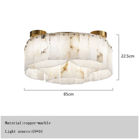 A Moonshade Natural Marble Ceiling Light Fixture by Morsale.com with an 85 cm diameter and 22.5 cm height, featuring a modern aesthetic design made of natural marble and brass, with multiple hanging rectangular panels. It uses 16 G9 light bulbs. Graphics on the image provide dimensions, materials, and light source specifications.