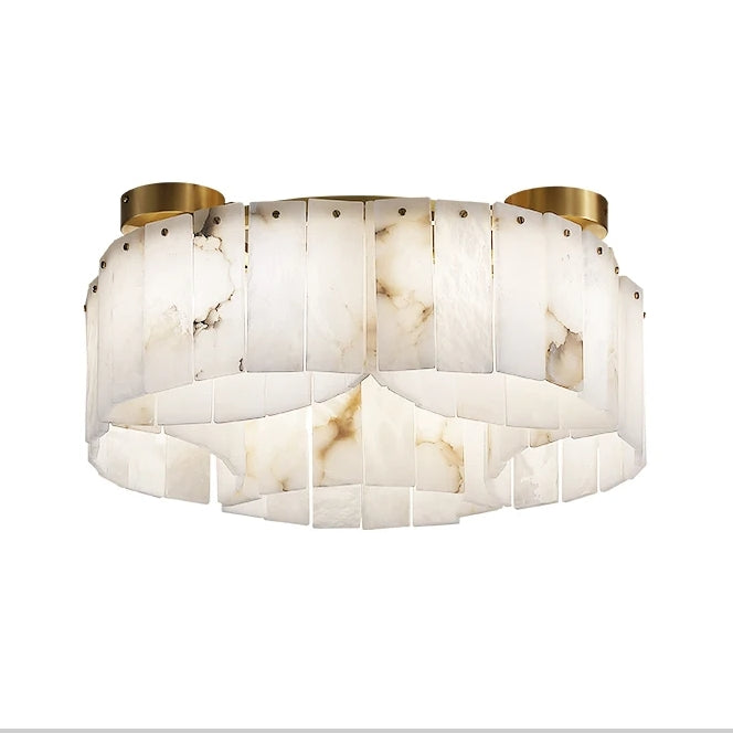 The Moonshade Natural Marble Ceiling Light Fixture by Morsale.com with a modern design features translucent, white stone-like panels arranged in a cylindrical shape, accented by gold at the top. This G9 LED light fixture emits a warm, diffused glow through the panels against a plain white background.