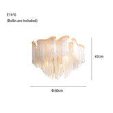 The Cadena Chain Tassel Ceiling Light by Morsale.com is a modern chandelier featuring a wavy wooden frame and numerous hanging crystal strands, enhanced by cadena chain tassel details for a cascading effect. Included in this fixture are six E14 bulbs. Measuring 60 cm in diameter and 43 cm in height, its dimensions are clearly labeled on the image.