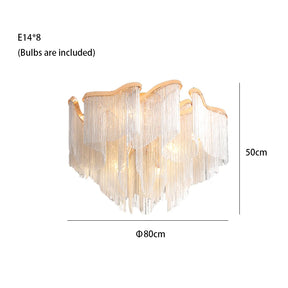 The Cadena Chain Tassel Ceiling Light by Morsale.com is a modern chandelier featuring a wavy wooden frame and numerous hanging crystal strands, enhanced by cadena chain tassel details for a cascading effect. Included in this fixture are six E14 bulbs. Measuring 60 cm in diameter and 43 cm in height, its dimensions are clearly labeled on the image.