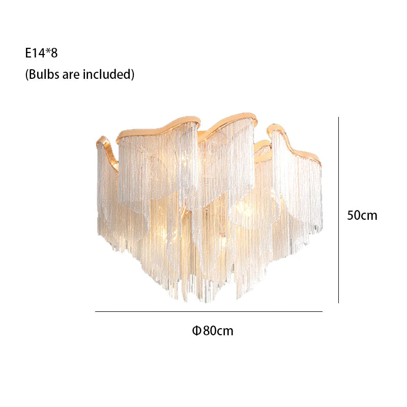 The Cadena Chain Tassel Ceiling Light by Morsale.com is a modern chandelier featuring a wavy wooden frame and numerous hanging crystal strands, enhanced by cadena chain tassel details for a cascading effect. Included in this fixture are six E14 bulbs. Measuring 60 cm in diameter and 43 cm in height, its dimensions are clearly labeled on the image.