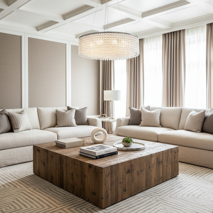 
                  
                    A modern living room with beige sofas, a rustic wooden coffee table, neutral decor, books, a round sculpture, a small plant, and the Alleri Modern Chandelier by Morsale.com mounted under a coffered ceiling with tall draped windows.
                  
                