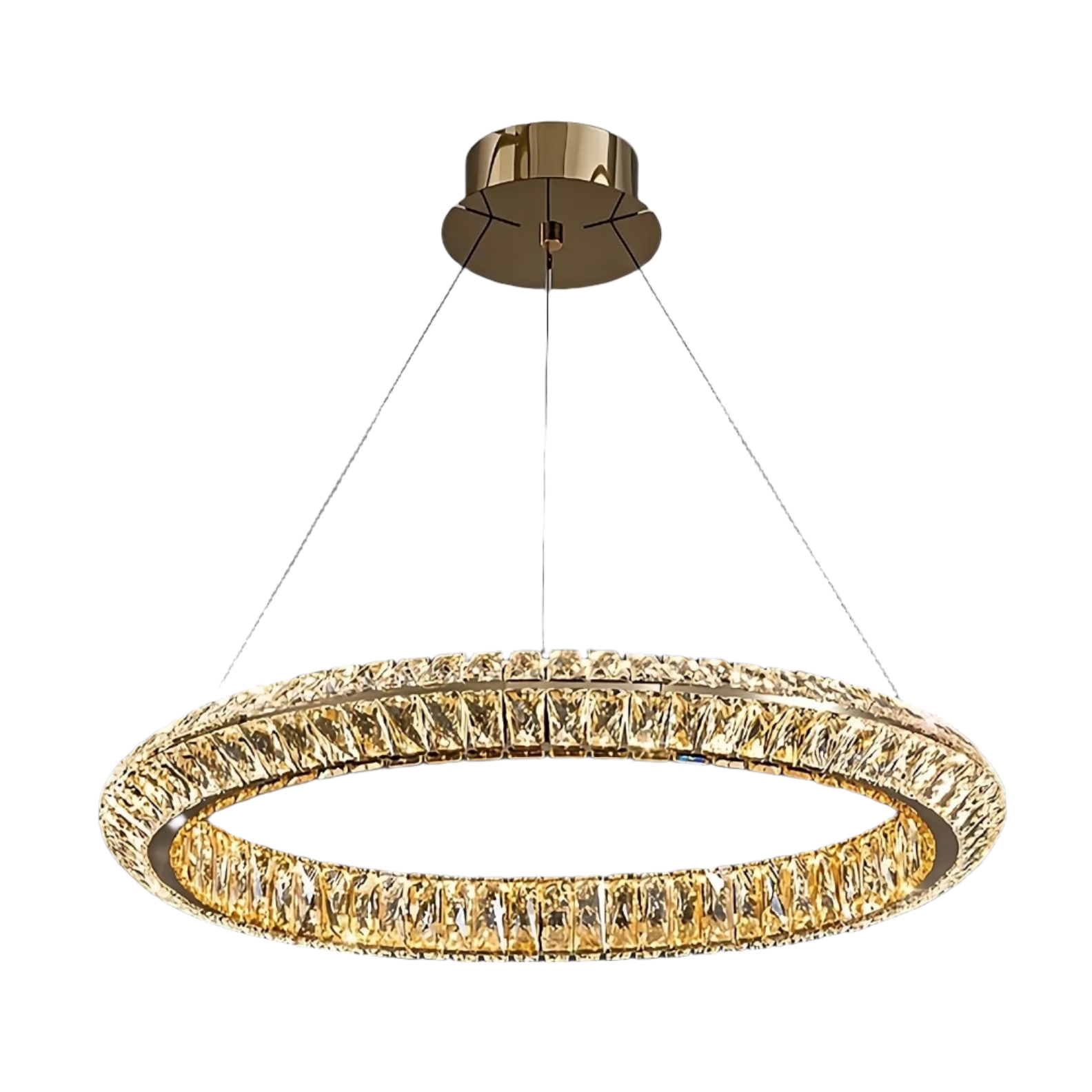 The Bacci Crystal Modern Ceiling Light Fixture by Morsale.com is a contemporary circular chandelier with a gold finish, showcasing a ring embellished with numerous small, sparkling crystals. This stunning crystal light fixture is suspended by thin wires connected to a central round mounting plate on the ceiling and features dimmable LED lighting for adjustable ambiance.