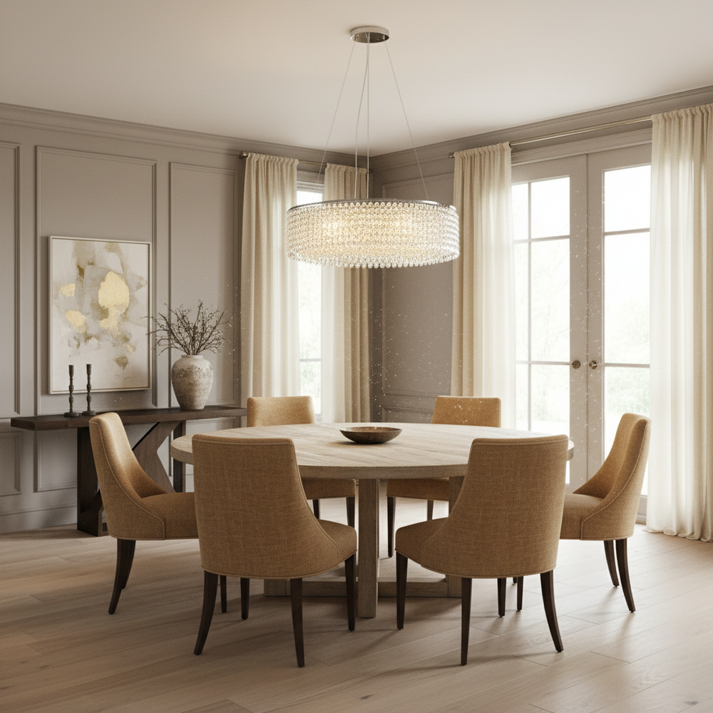 A modern dining room features a round table, six beige upholstered chairs, the Alleri Modern Chandelier by Morsale.com, large windows with sheer curtains, light wood floors, and minimalist decor.