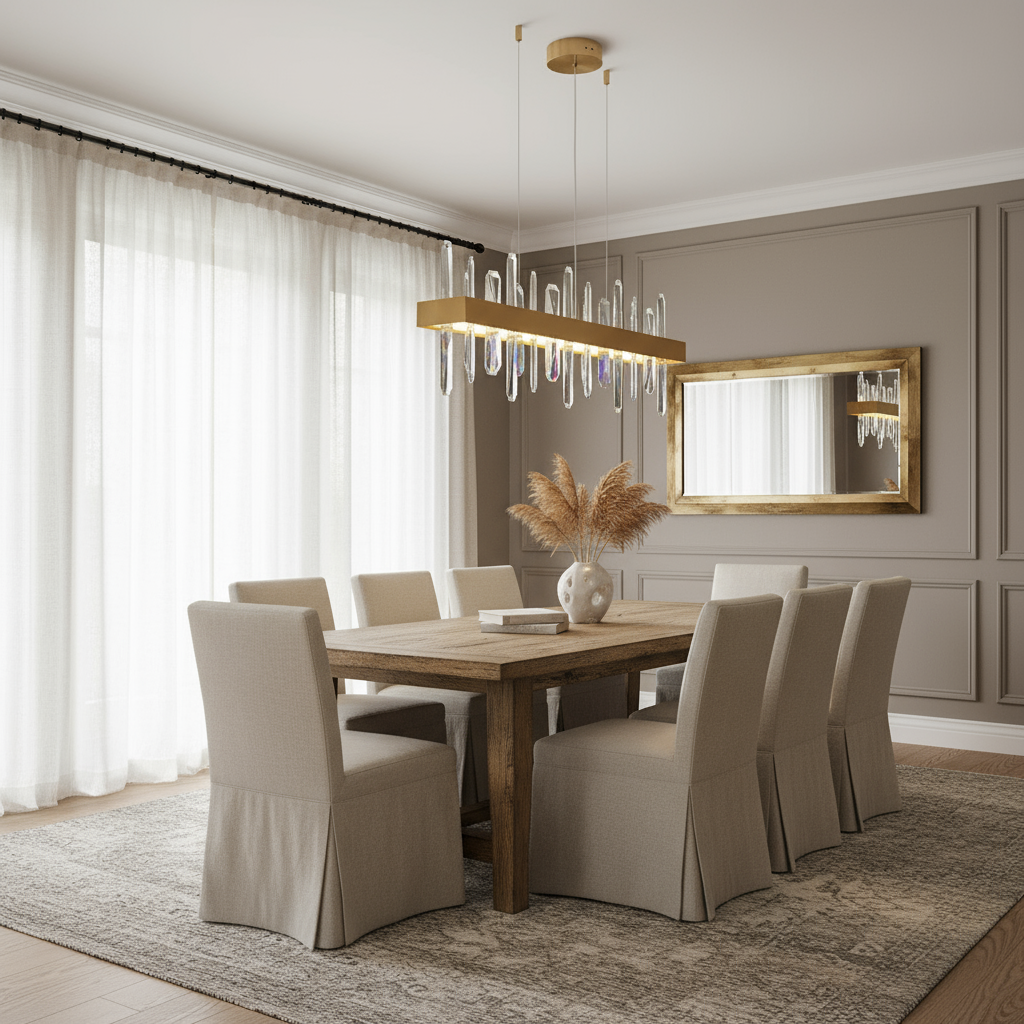 A modern dining room features a wooden table, eight beige upholstered chairs, a large gold-framed mirror, sheer white curtains, a neutral rug, and the Calvi Crystal Dining Chandelier by Morsale.com enhancing the minimalist decor.