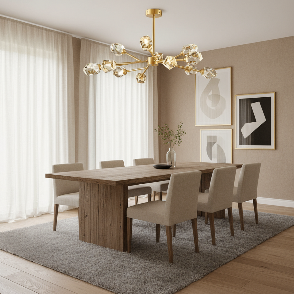 
                  
                    A modern dining room features a wooden table, six beige upholstered chairs, a gray rug, abstract art on tan walls, sheer curtains, and is illuminated by the Diamante 12-Light Crystal Chandelier from Morsale.com.
                  
                