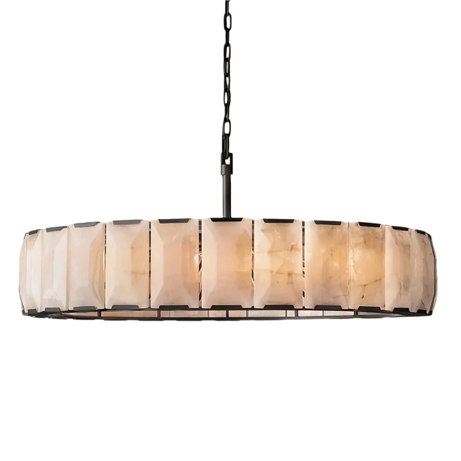 The Villano Calcite Crystal Chandelier by Morsale.com is a round, hanging fixture with a chain. It features a ring of rectangular, calcite crystal panels that have a white, stone-like appearance and are adorned with textured beige patterns. These panels are framed in dark metal, creating a modern and stylish lighting piece.