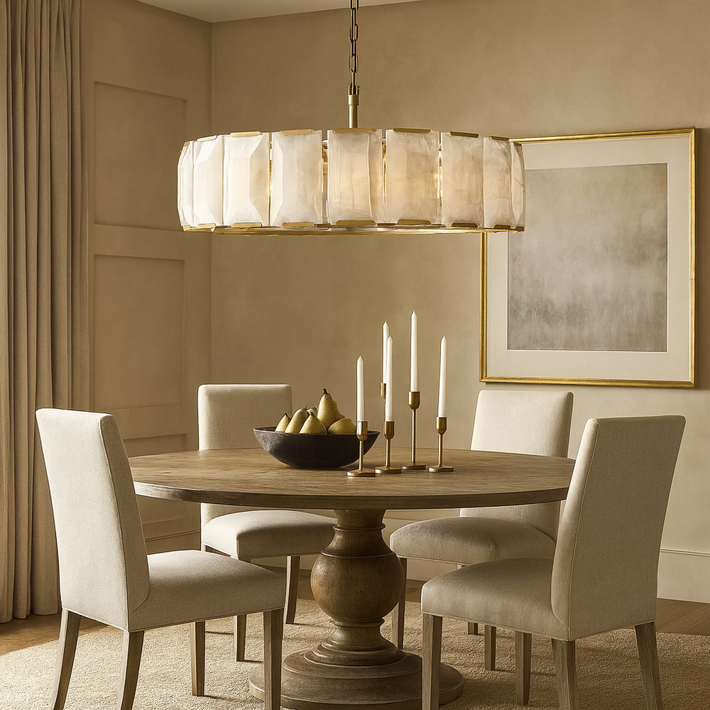 
                  
                    A round wooden dining table with four upholstered chairs, a bowl of pears, and gold candlesticks sits under the Morsale.com Brookhill Calcite Modern Chandelier (E12 candelabra bulbs) in a neutral room with framed abstract art.
                  
                