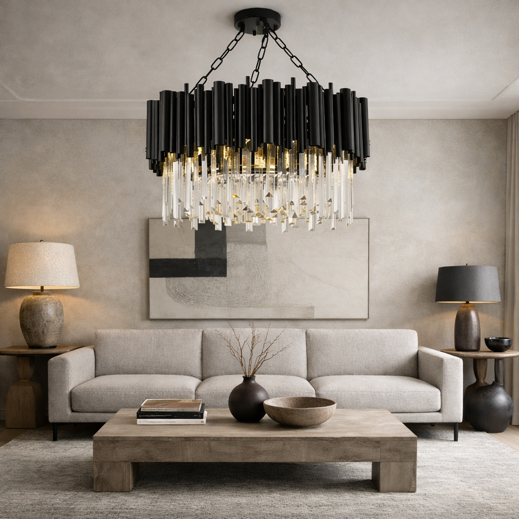 A modern living room features a light gray sofa, wooden coffee table, ceramic lamps, abstract wall art, and the Vigo Crystal Chandelier by Morsale.com. Neutral tones and minimalist decor add a sophisticated touch.