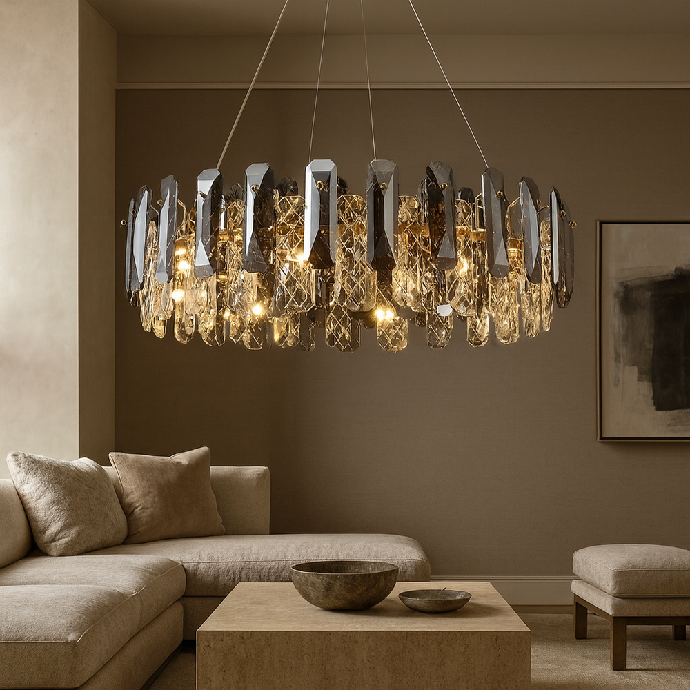 A modern living room with a beige sectional sofa, neutral walls, abstract art, and the Lazzo Crystal Modern Chandelier by Morsale.com featuring geometric metallic elements hanging from the ceiling.