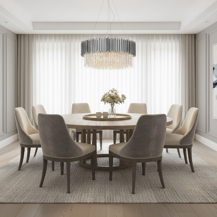 A modern dining room features a round wooden table, eight beige upholstered chairs, a floral centerpiece, light curtains, and neutral decor—all highlighted by the Morsale.com Gio Crystal Contemporary Chandelier for stunning contemporary elegance.