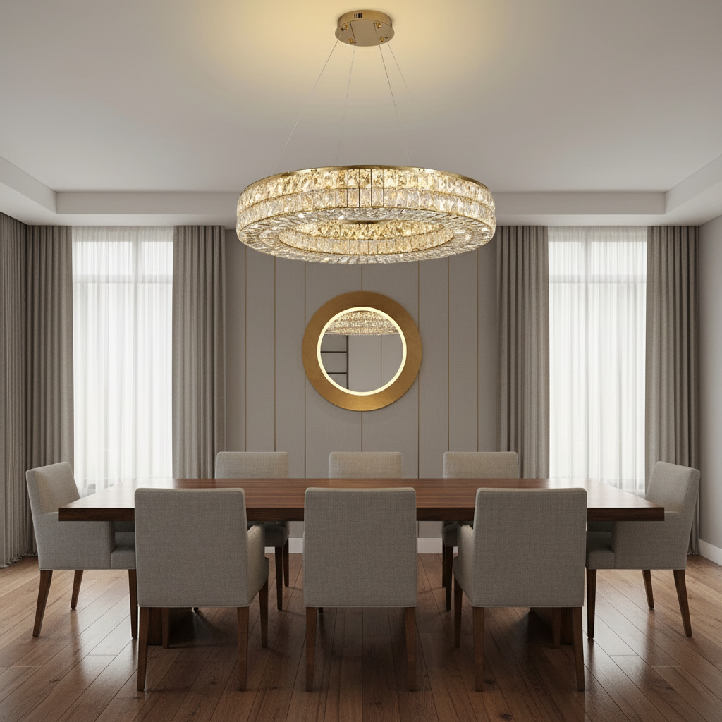 A modern dining room features a large wooden table, eight upholstered chairs, two tall windows with sheer curtains, a round gold-framed wall mirror, and the Tuscany Modern Chandelier by Morsale.com illuminating the space.