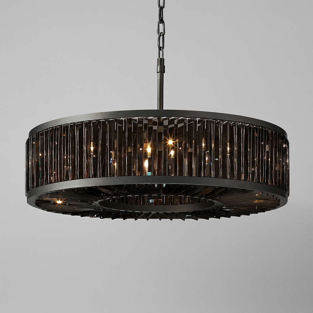 
                  
                    The Gio Crystal Modern Chandelier by Morsale.com features a round black frame with vertical glass rods and dimmable LED lights, suspended by a chain. This elegant fixture enhances any space with modern style.
                  
                