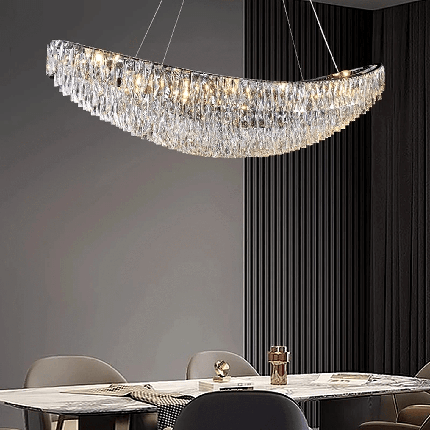 A modern dining room showcases the Lunare Crystal Dining Chandelier by Morsale.com hanging above a set dining table with chairs, all framed by dark vertical wall panels.