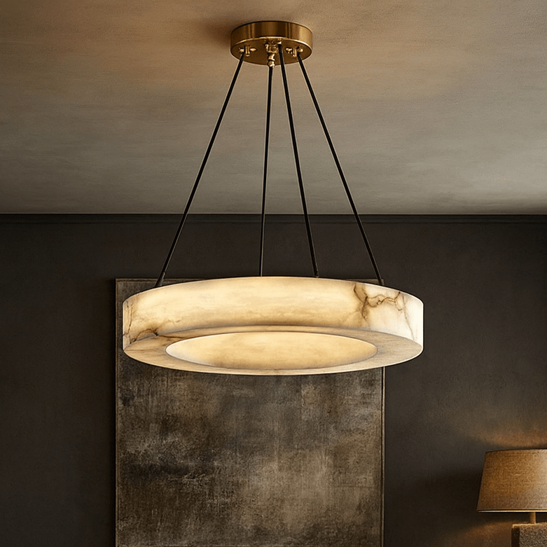 The Palmer Marble Chandelier by Morsale features a Spanish marble light fixture suspended by four black rods, illuminating a softly lit room with dark walls and contemporary decor.