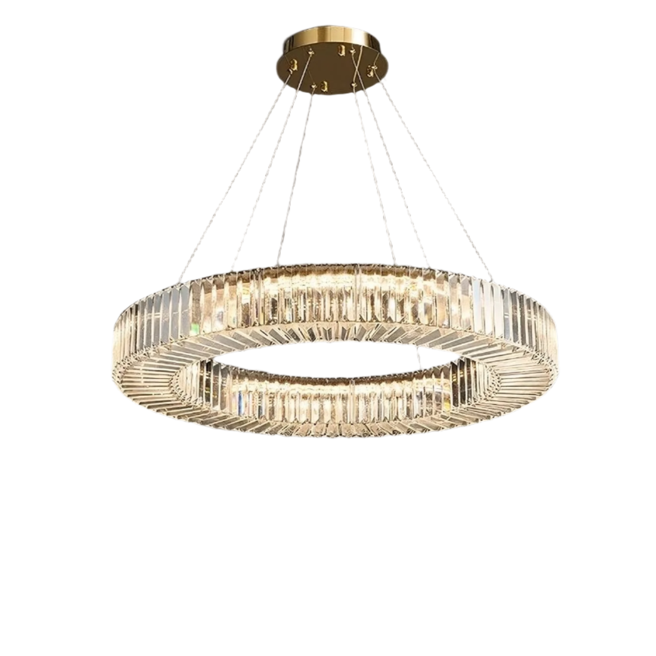 The Azali Crystal Ceiling Light by Morsale.com is a luxurious, modern circular chandelier featuring a gold-toned frame adorned with multiple hanging crystal-like prisms. Illuminated by LED strips and suspended by thin wires from a round, gold ceiling mount, this crystal ceiling light emits a warm, elegant glow that underscores sophistication and opulence.