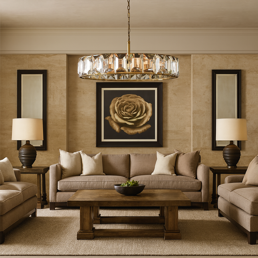 A modern living room with beige sofas, a wooden coffee table, and the Brookhill Crystal Chandelier by Morsale.com. A large rose artwork hangs between mirrors, while neutral tones and luxury lighting create a cozy atmosphere.
