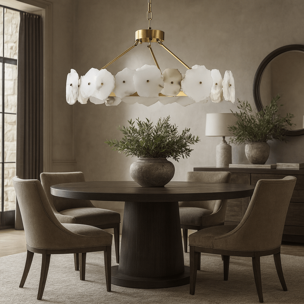 A round wooden dining table with four upholstered chairs sits under the Bigman Corton Marble & Brass Chandelier. A potted plant decorates the table, while the room is bathed in soft natural light and features neutral tones.