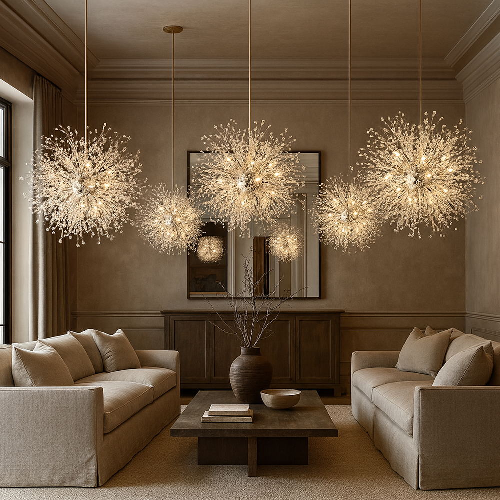 
                  
                    A living room featuring cozy couches and the Astra 35" Spark Ball Chandelier by Morsale.com, adorned with shimmering acrylic beads.
                  
                